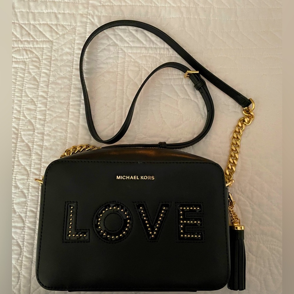 Michael Kors Black Ginny Love leather crossbody bag.